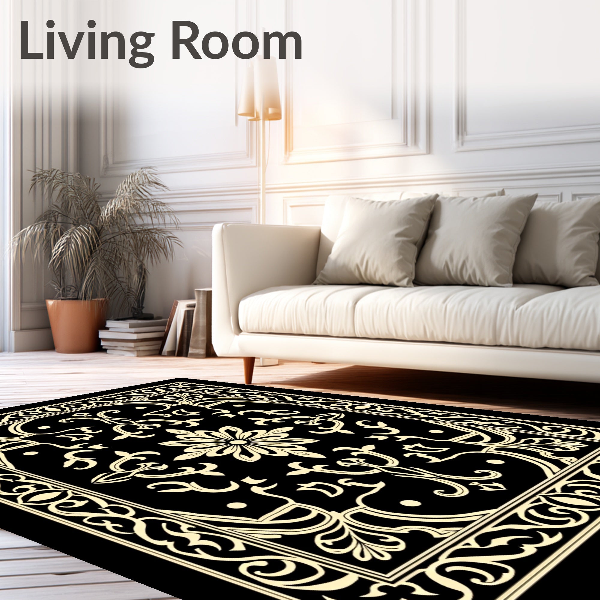 Ornate Black Ivory Floral Scroll Rug