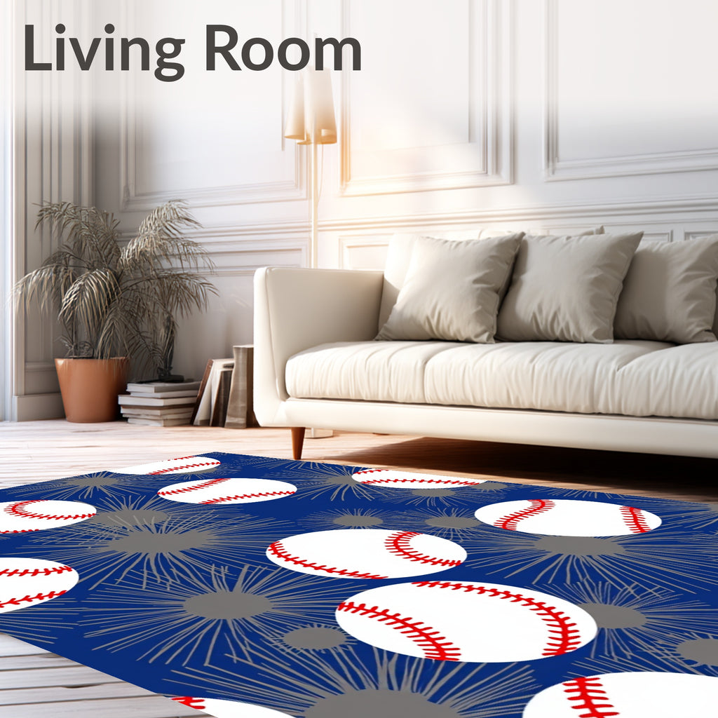 Sporty Baseball Starburst Blue Rug