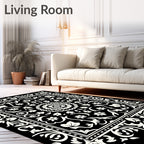 Bold Black White Floral Arrangement Rug