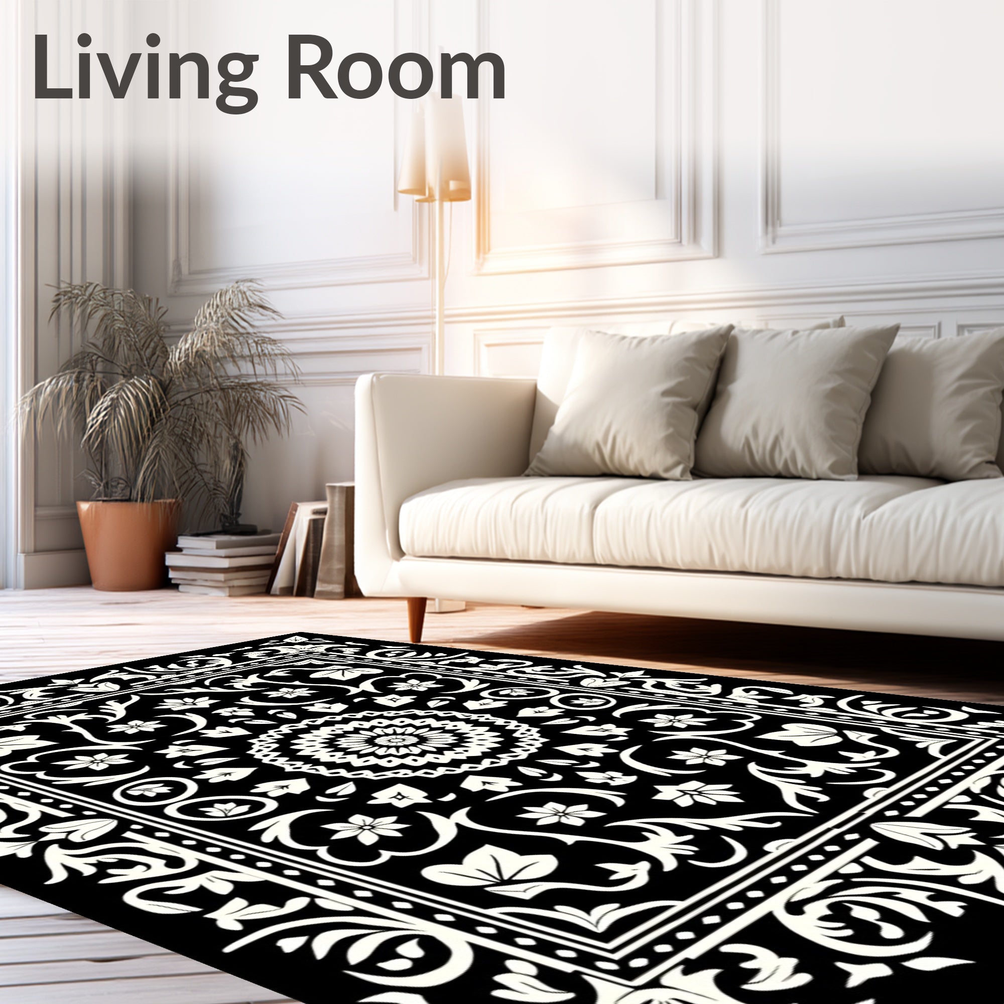 Bold Black White Floral Arrangement Rug