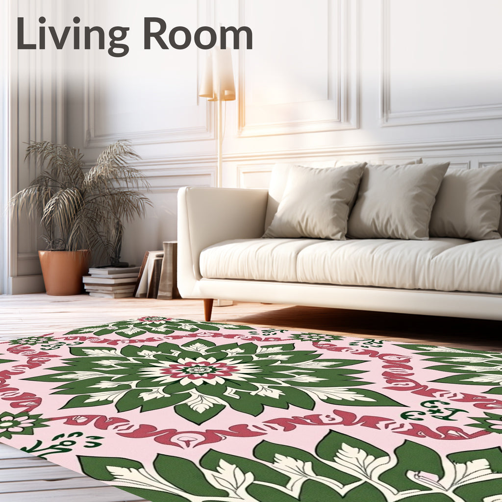 Pink Green Floral Medallion Repeating Rug