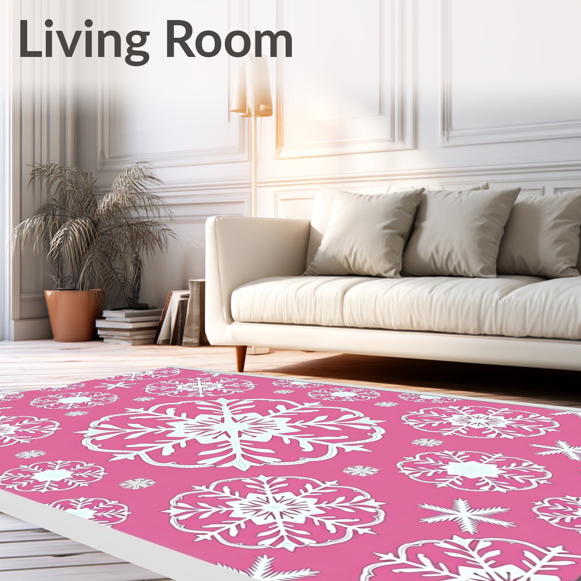 Pink White Snowflake Medallion Arrangement Rug