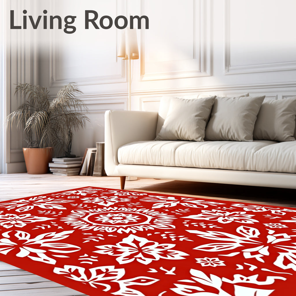 Crimson White Folk Art Floral Mandala Rug