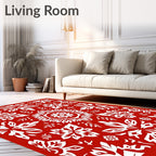 Crimson White Folk Art Floral Mandala Rug