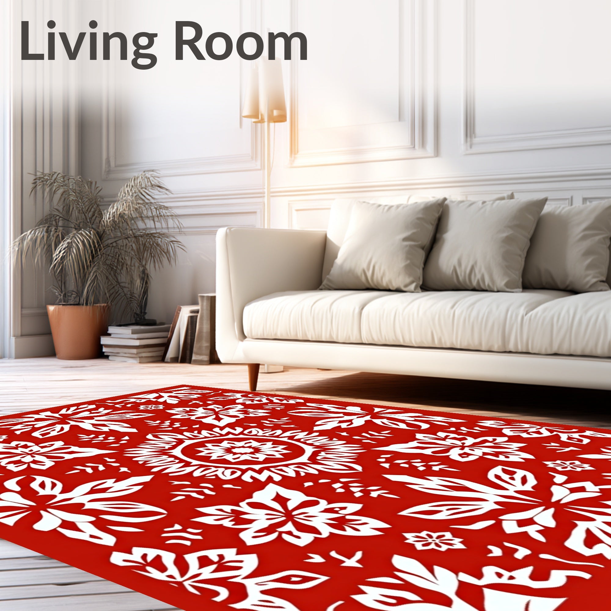 Crimson White Folk Art Floral Mandala Rug