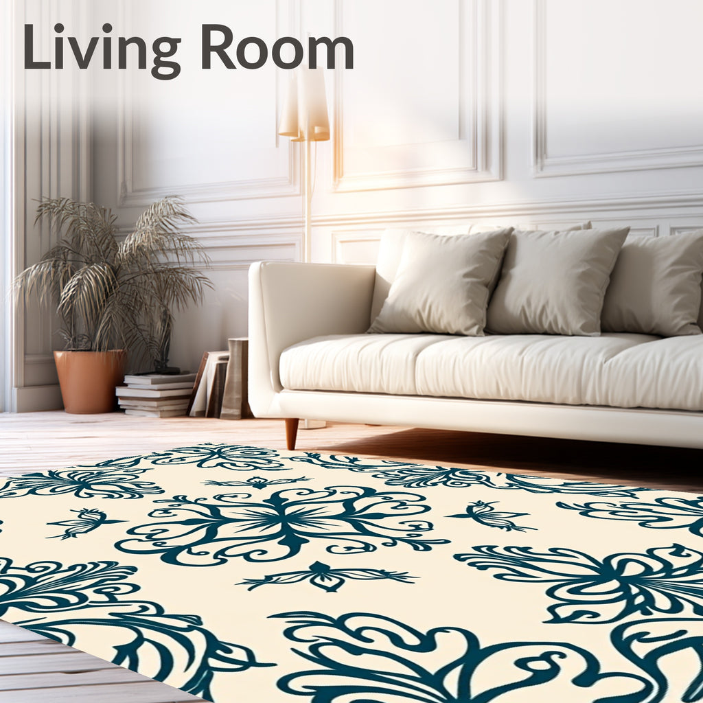 Deep Teal Floral Bird Medallion Rug