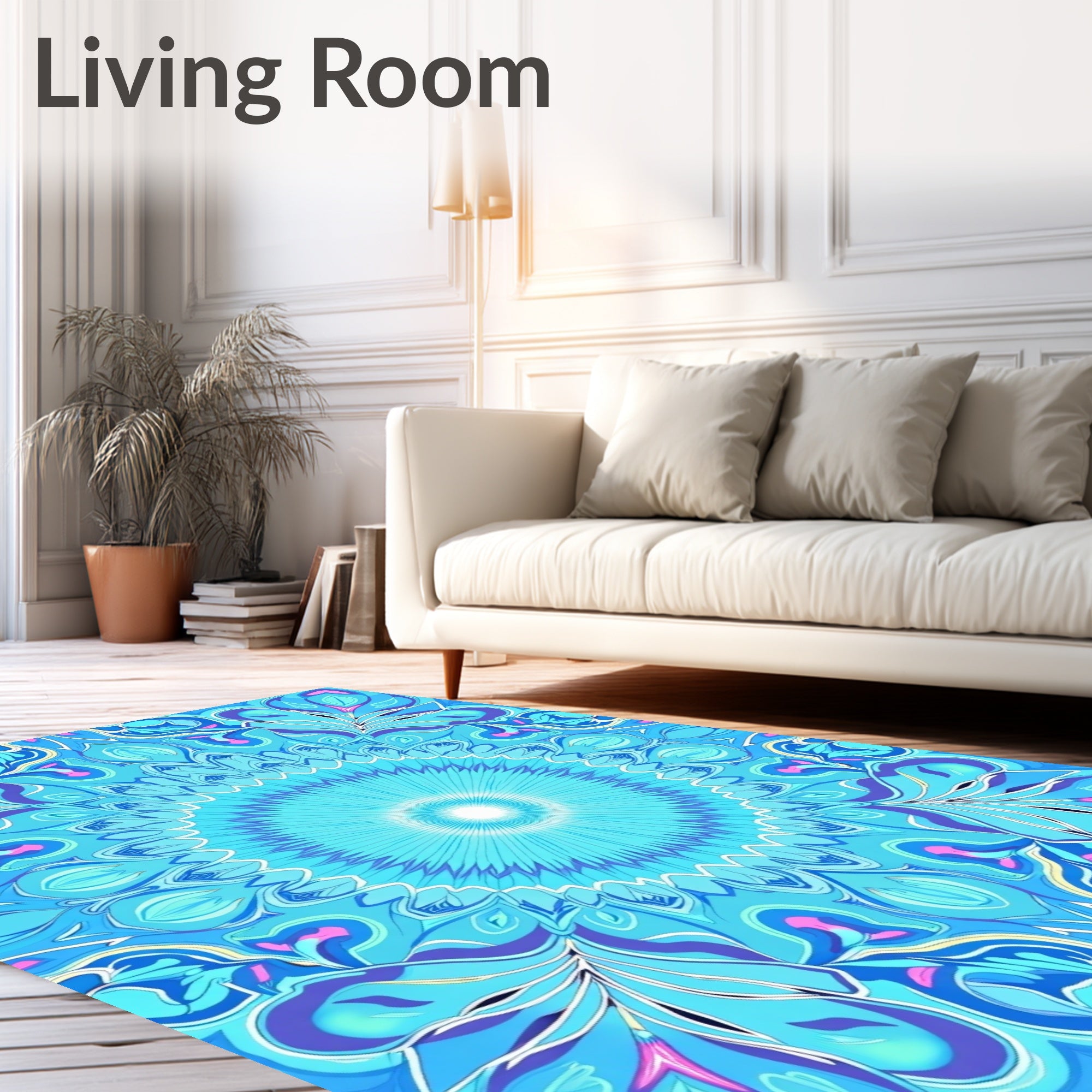 Radiant Aqua Floral Sunburst Mandala Rug