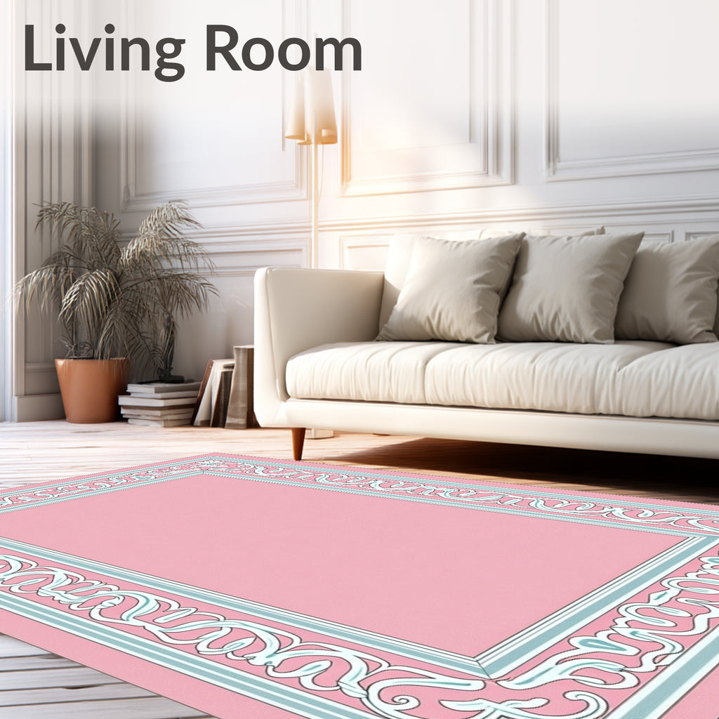 Elegant Pink Blue Scroll Border Rug