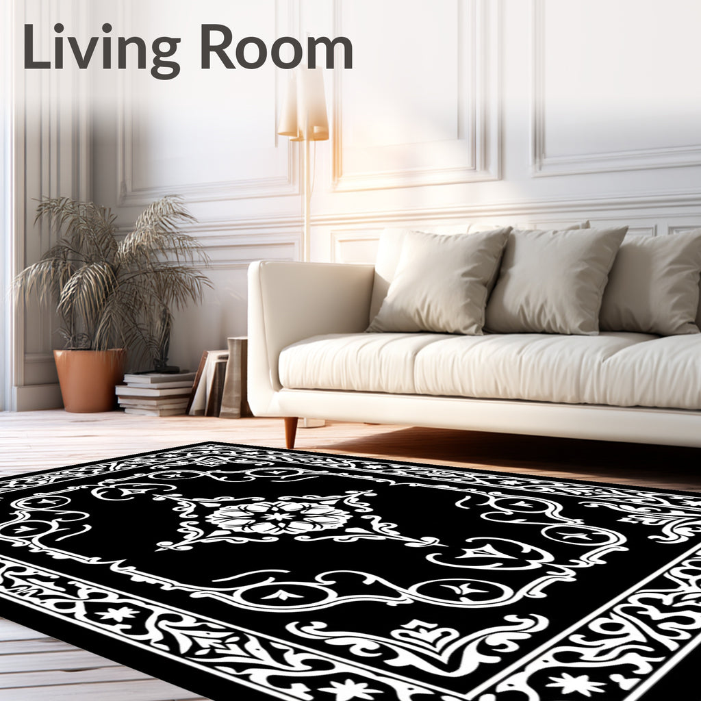 Elegant Black White Ornamental Bloom Rug