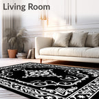 Elegant Black White Ornamental Bloom Rug