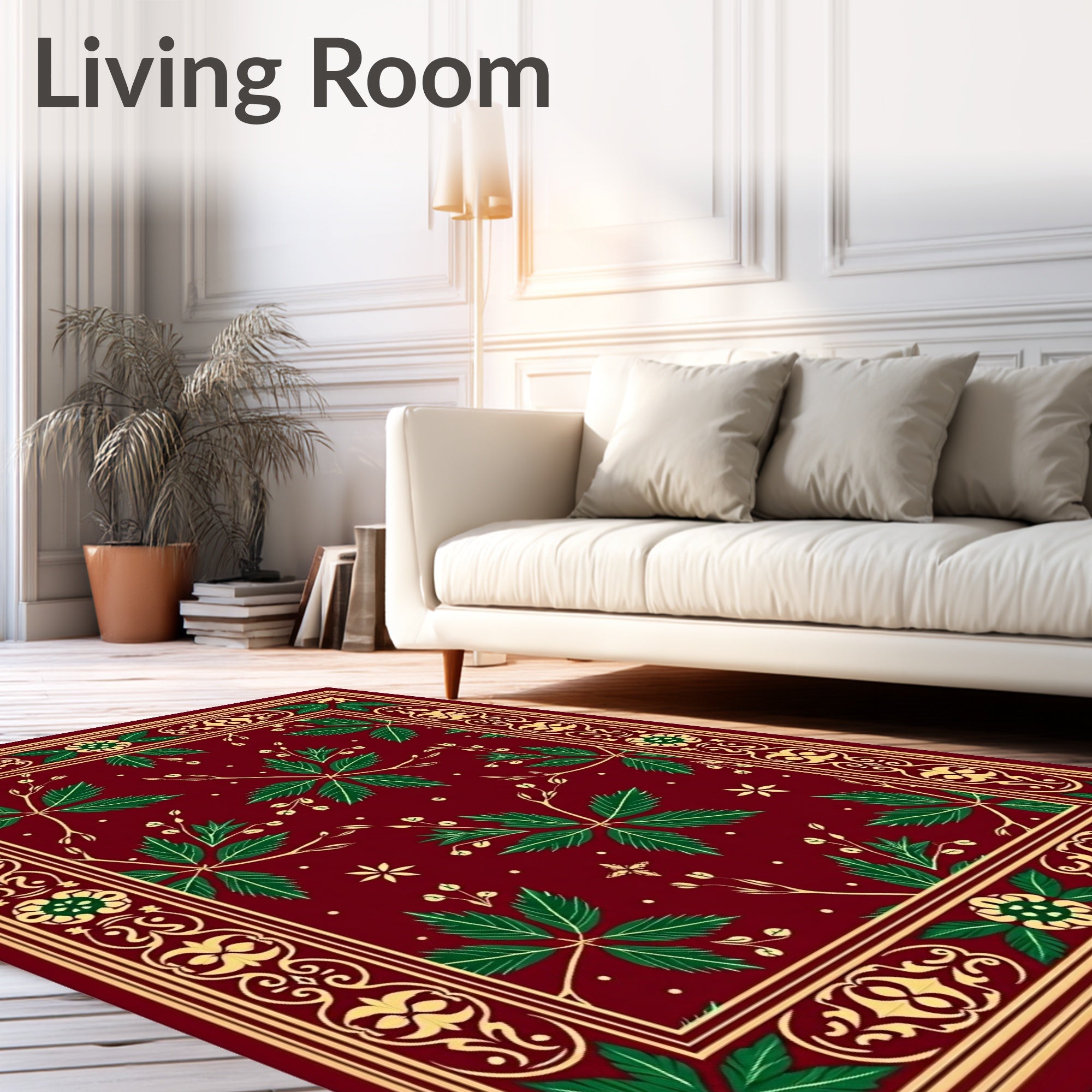 Rich Burgundy Green Leaf Border Rug