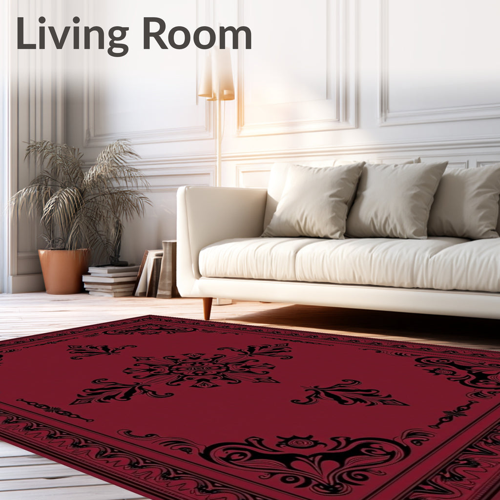 Rich Crimson Black Ornamental Border Rug