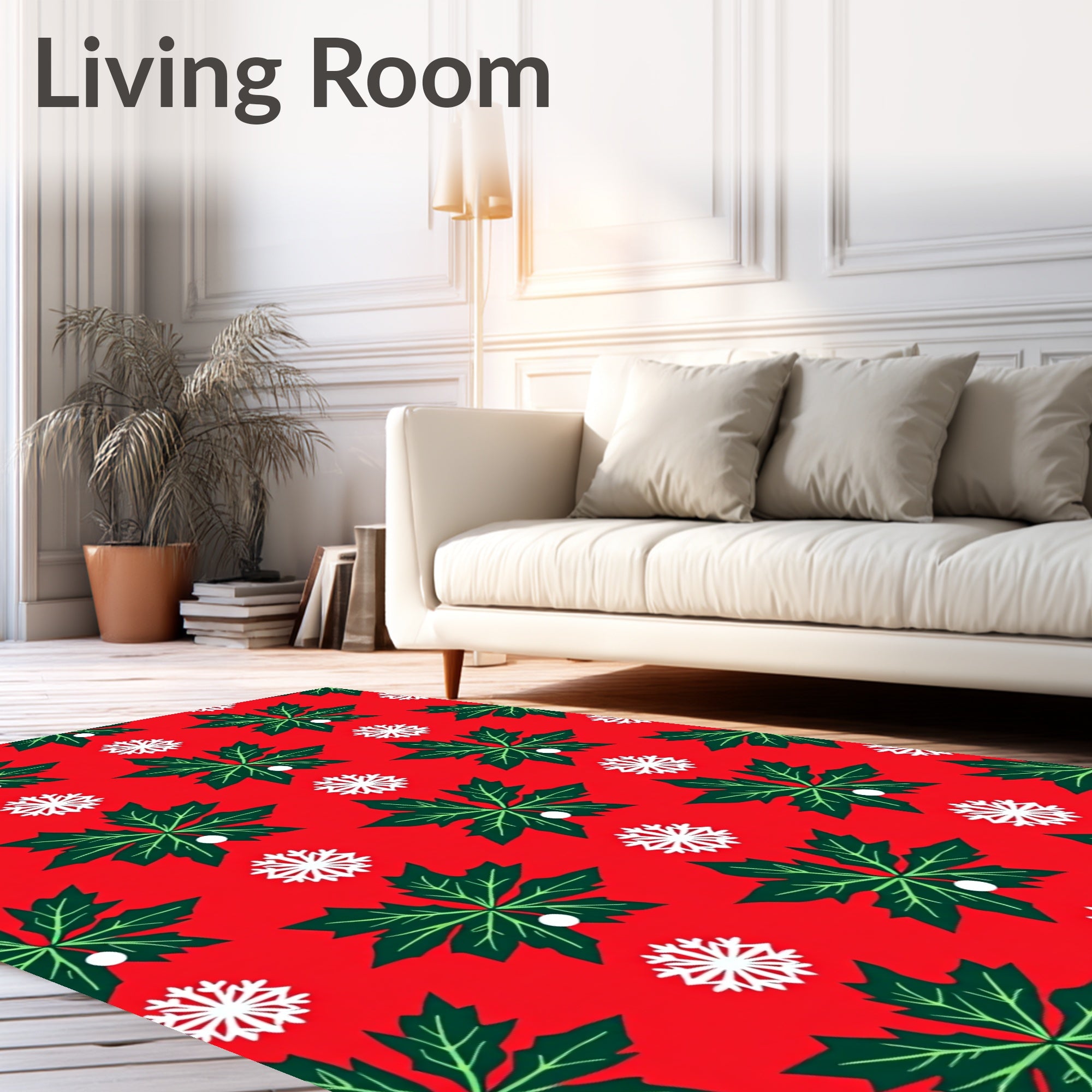 Festive Red Green Leaf Snowflakes Rug