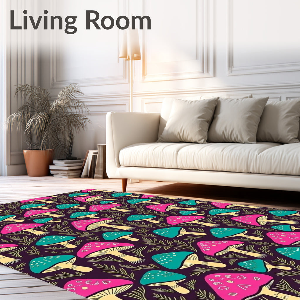 Whimsical Pink Teal Mushroom Garden Rug
