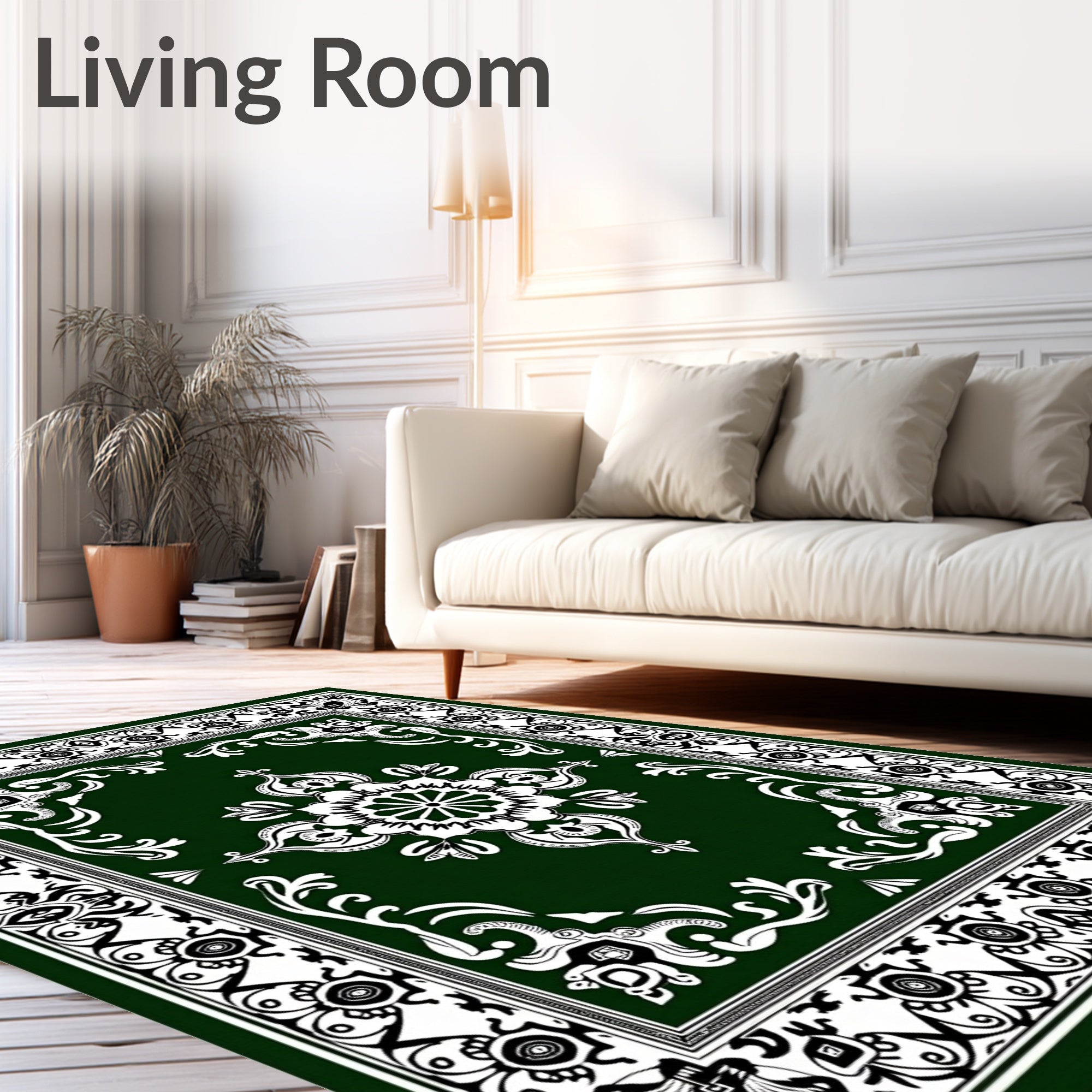 Dark Green Floral Medallion Border Rug