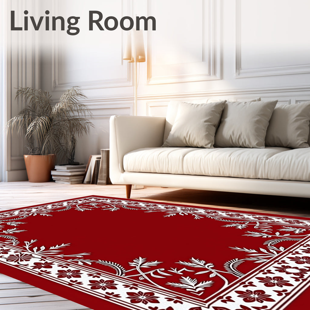 Crimson White Floral Vine Border Rug