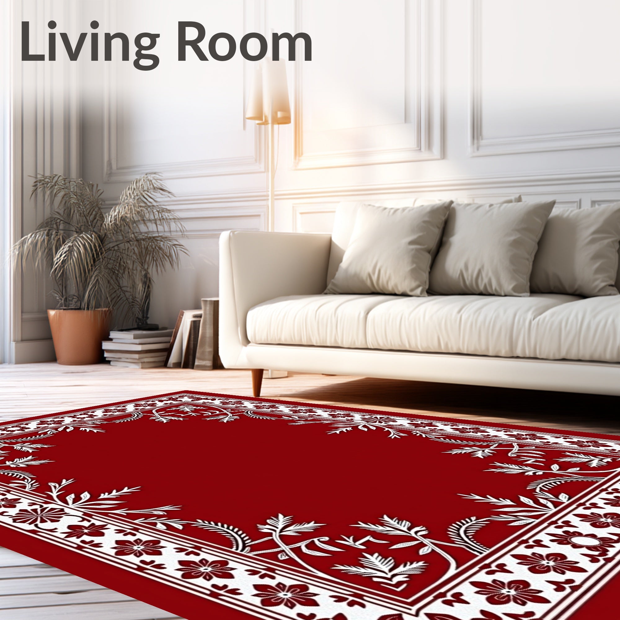 Crimson White Floral Vine Border Rug