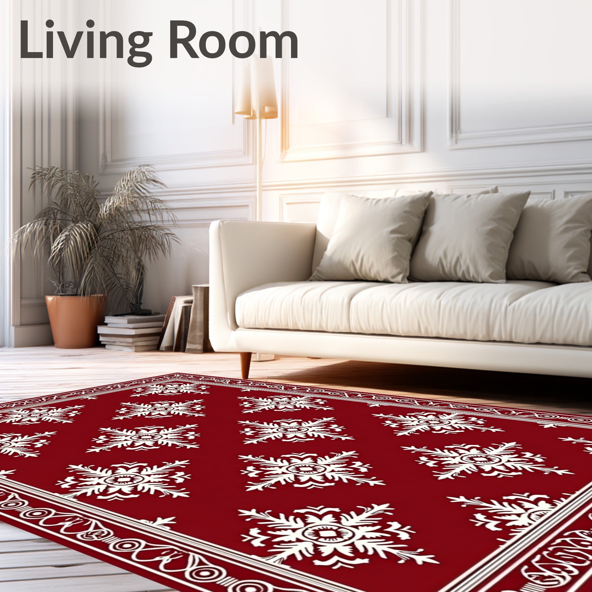 Crimson White Snowflake Medallion Border Rug