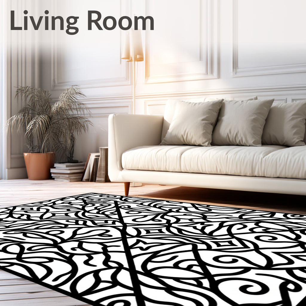 Intricate Black Floral Arabesque Lacework Rug