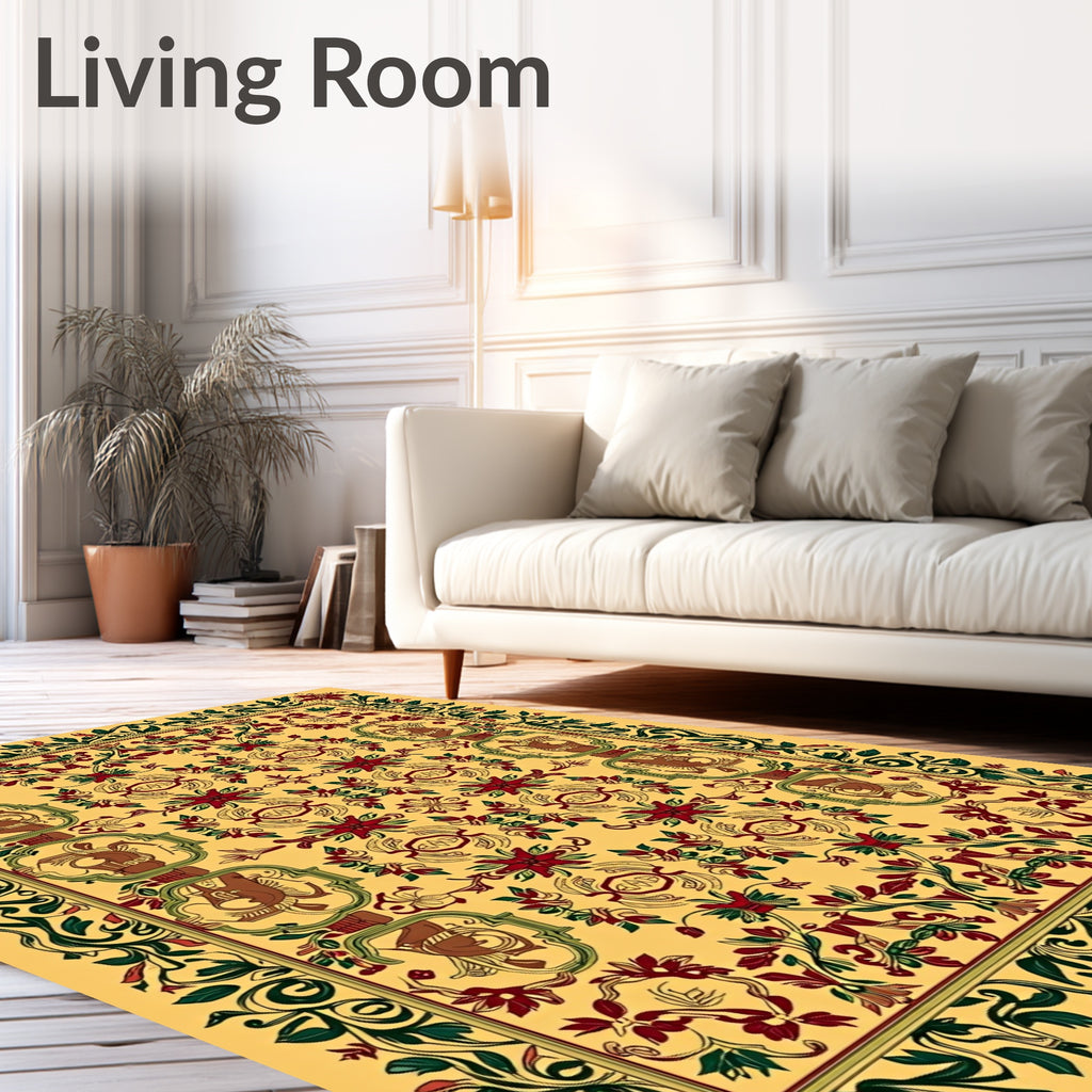 Golden Saffron Floral Animal Border Rug