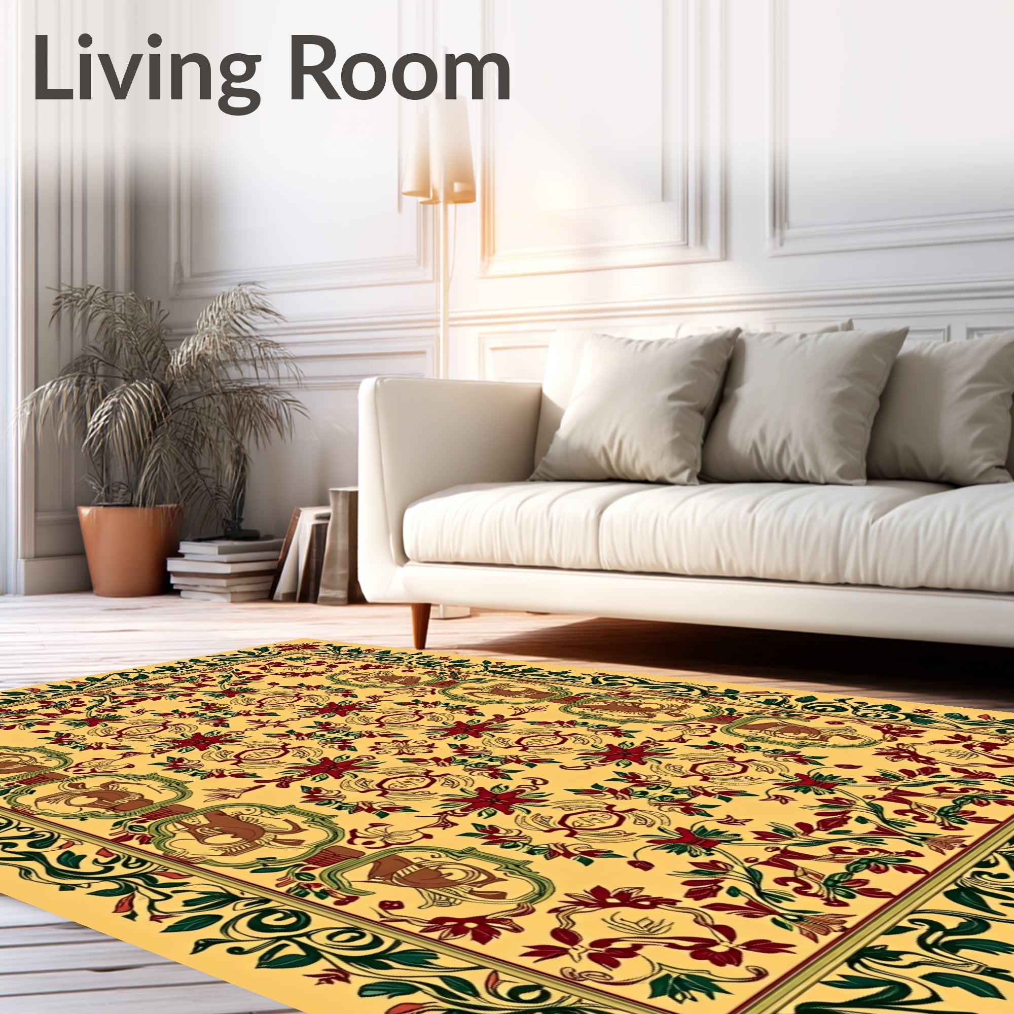 Golden Saffron Floral Animal Border Rug