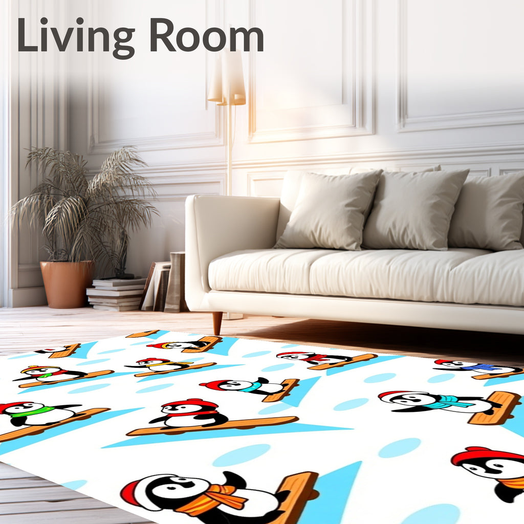 Cute Winter Penguin Snowboarding Collage Rug
