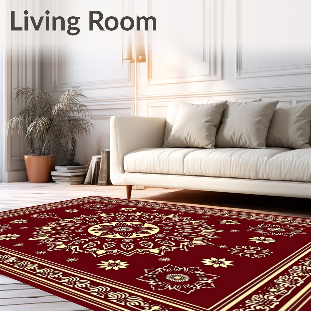 Deep Crimson Mandala Bloom Arrangement Rug