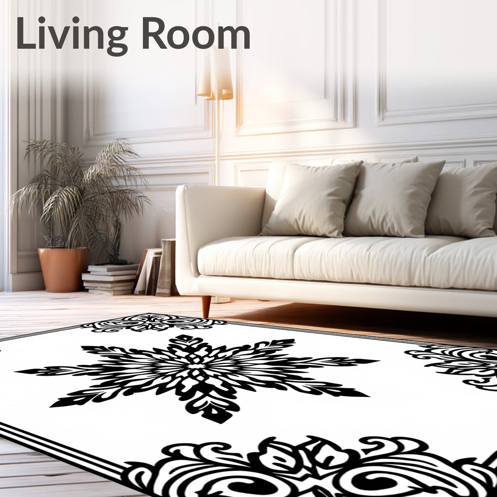 Black White Floral Medallion Border Rug