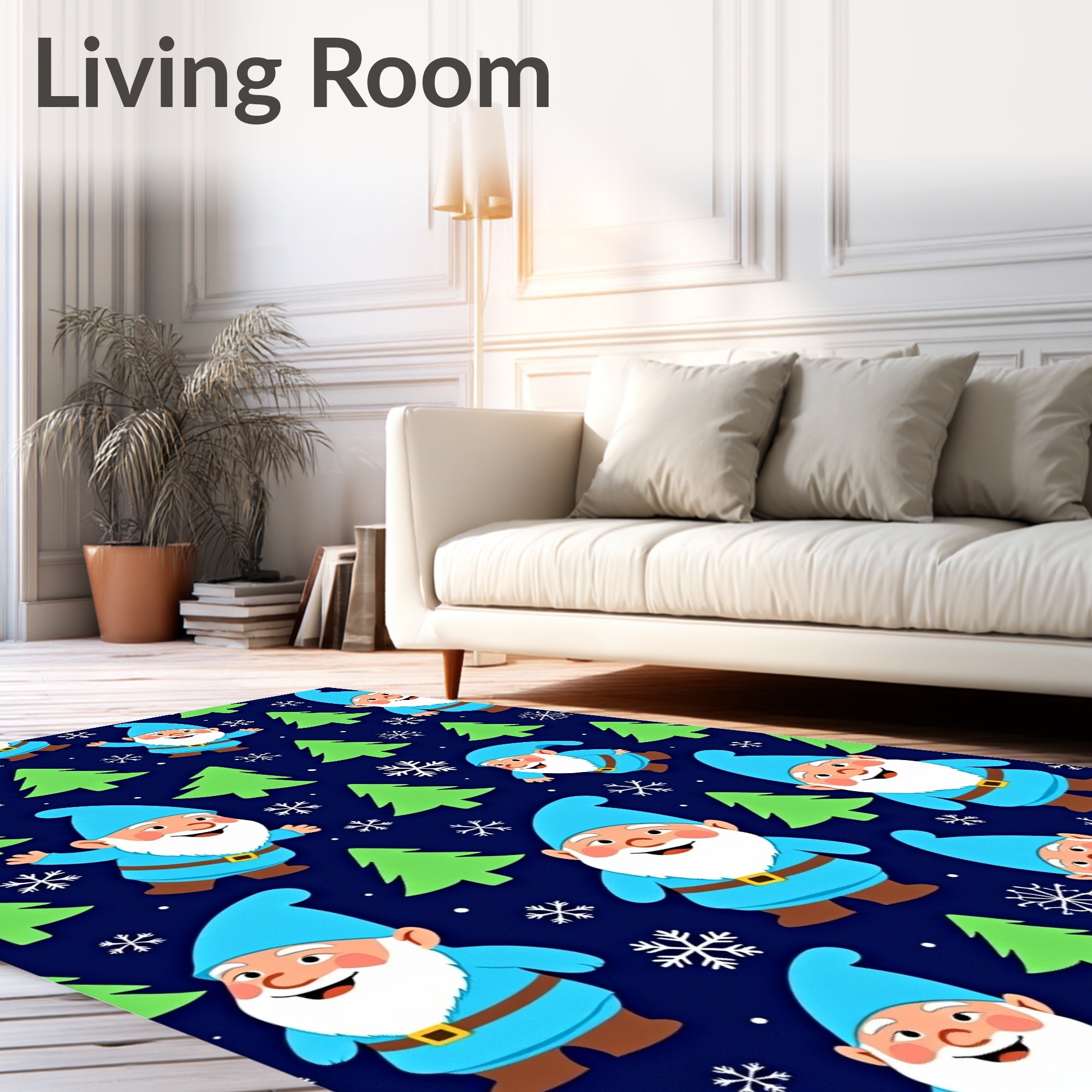 Cheerful Blue Gnomes Green Forest Snowflakes Rug