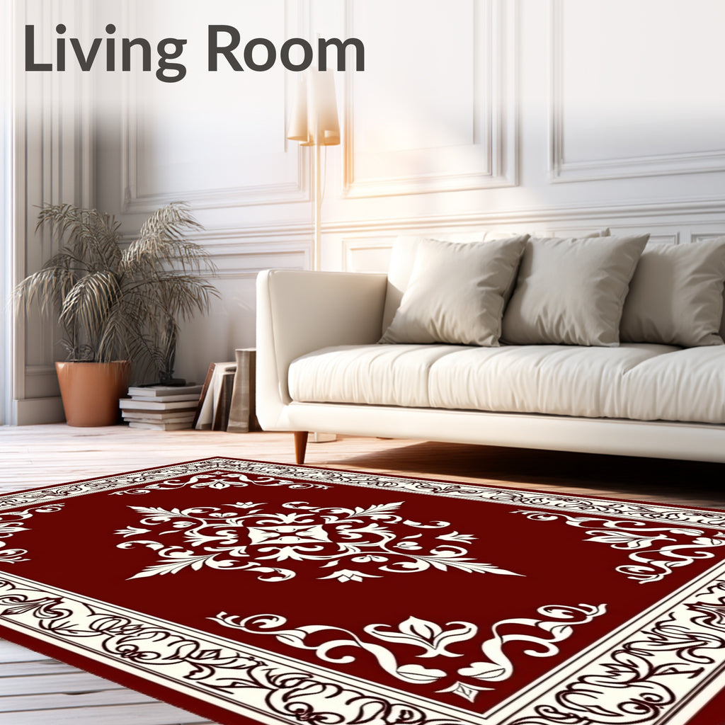 Rich Crimson Baroque Swirl Borders Rug