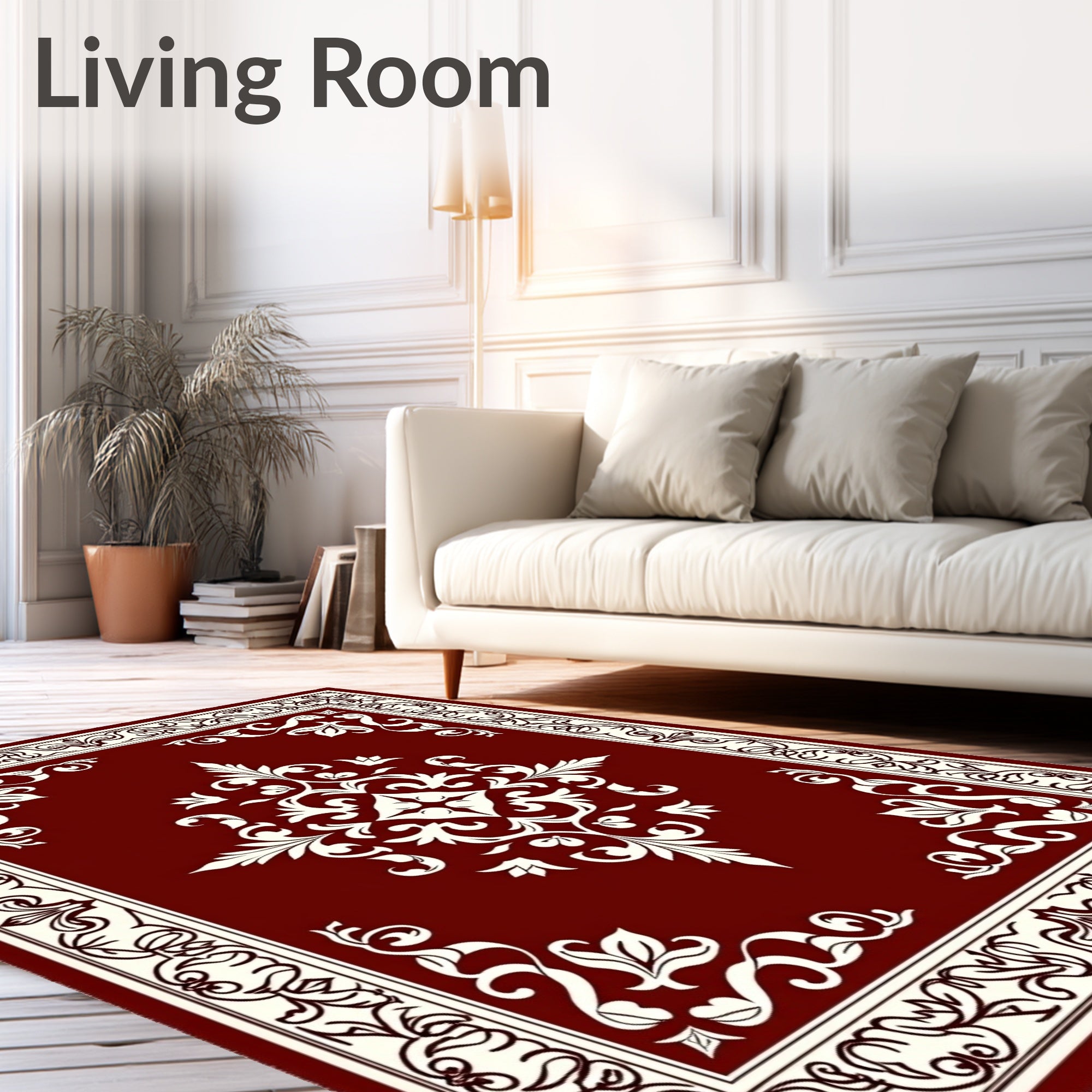 Rich Crimson Baroque Swirl Borders Rug