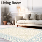 Ornate Blue on Cream Swirl Border Rug