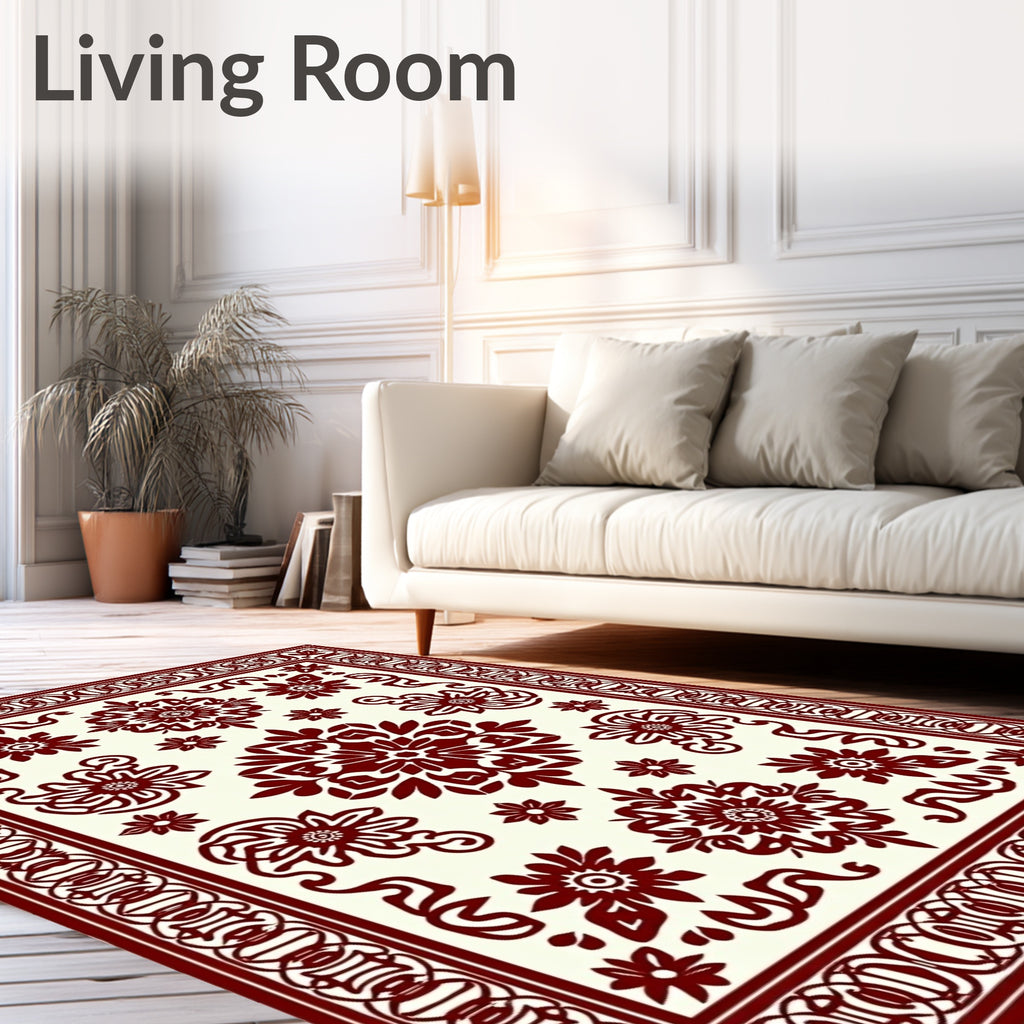 Deep Red Floral Medallion Border Rug