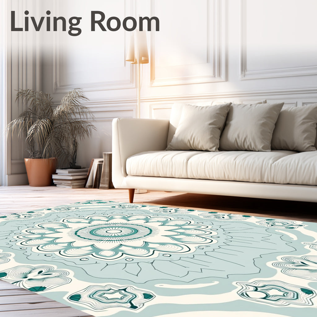 Teal White Intricate Floral Mandala Rug