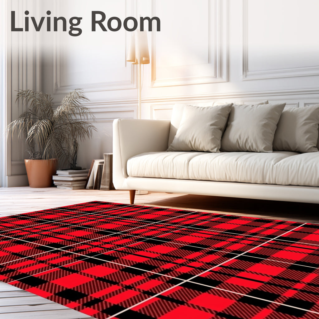 Classic Red Black Plaid Crossing Lines Rug