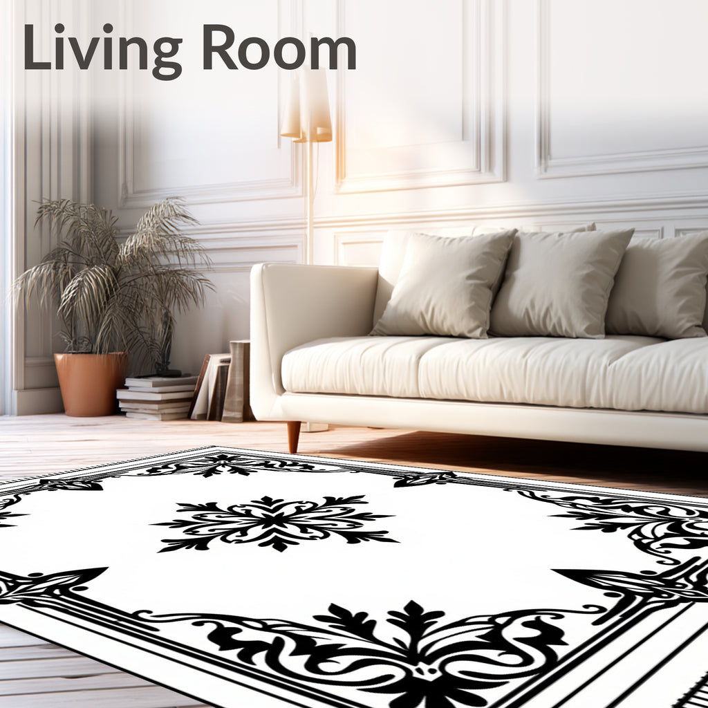 Ornate Black and White Floral Medallion Rug