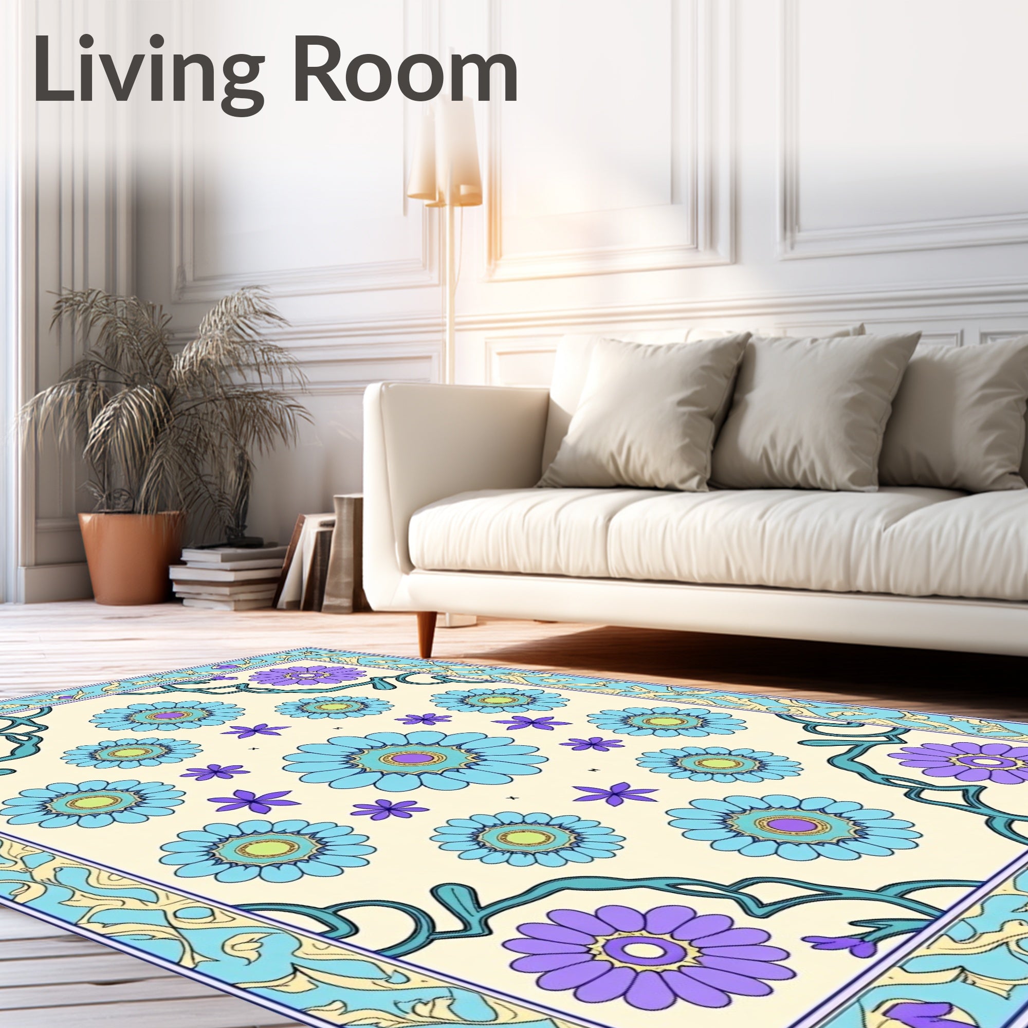 Sky Blue Floral Medallion Border Rug