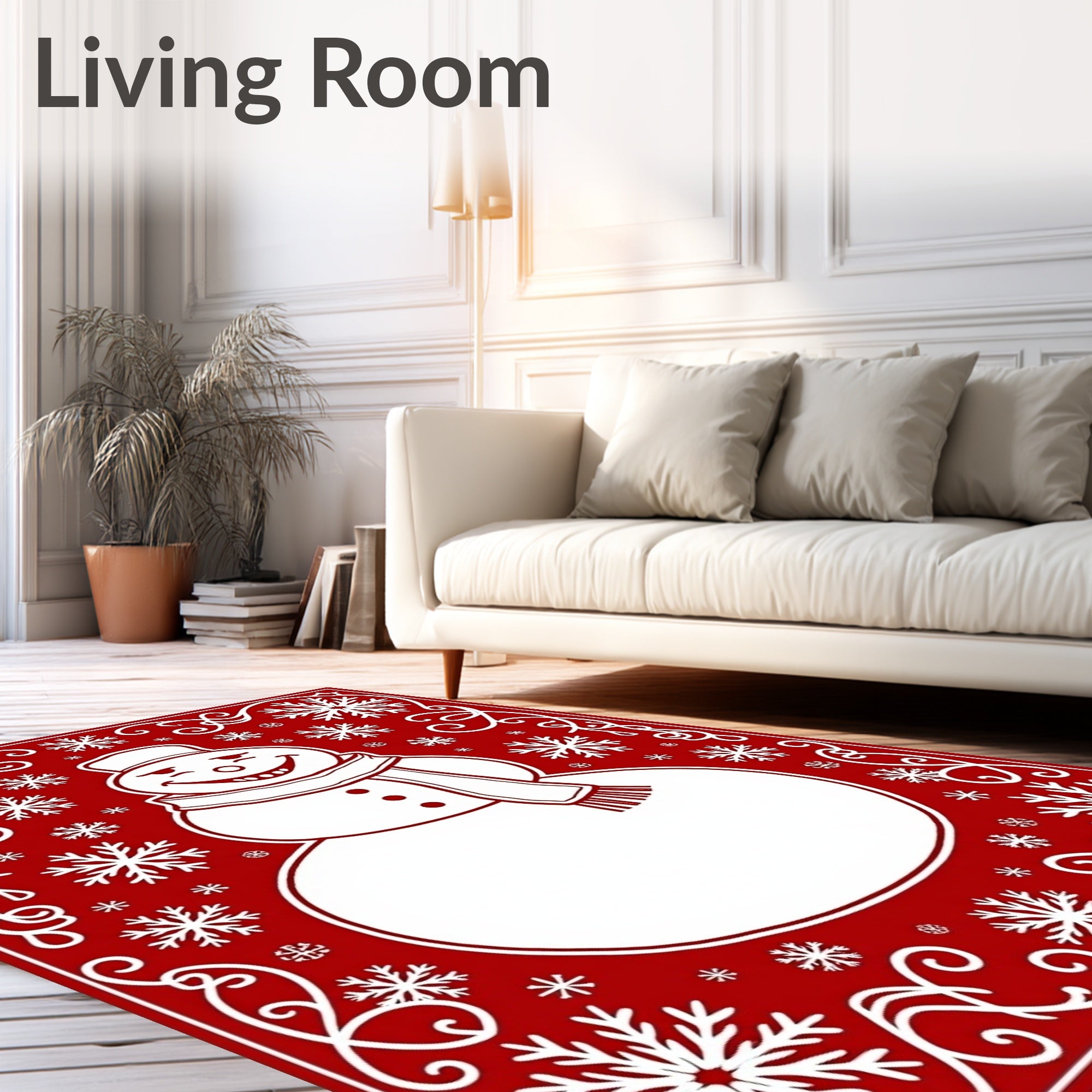 Cheerful Red Snowman Snowflake Border Rug