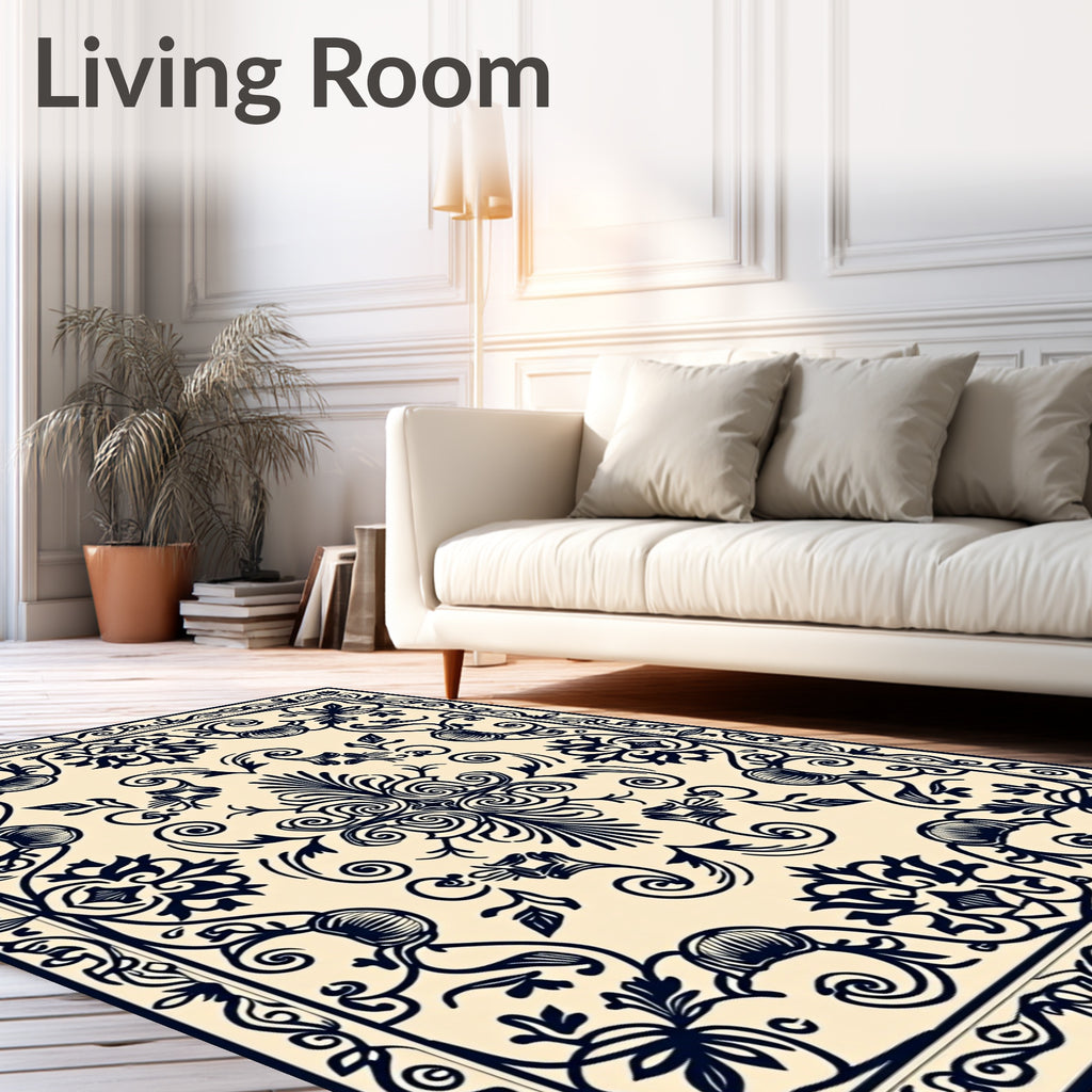 Black and Cream Damask Floral Border Rug