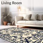 Black and Cream Damask Floral Border Rug