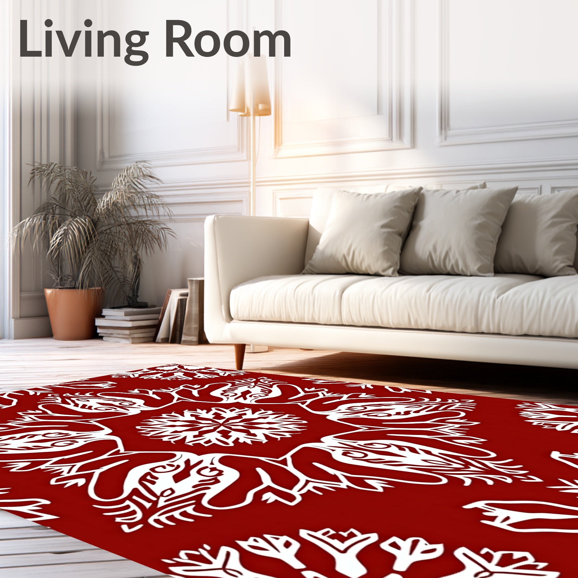 Crimson White Stylized Snowflake Mandala Rug