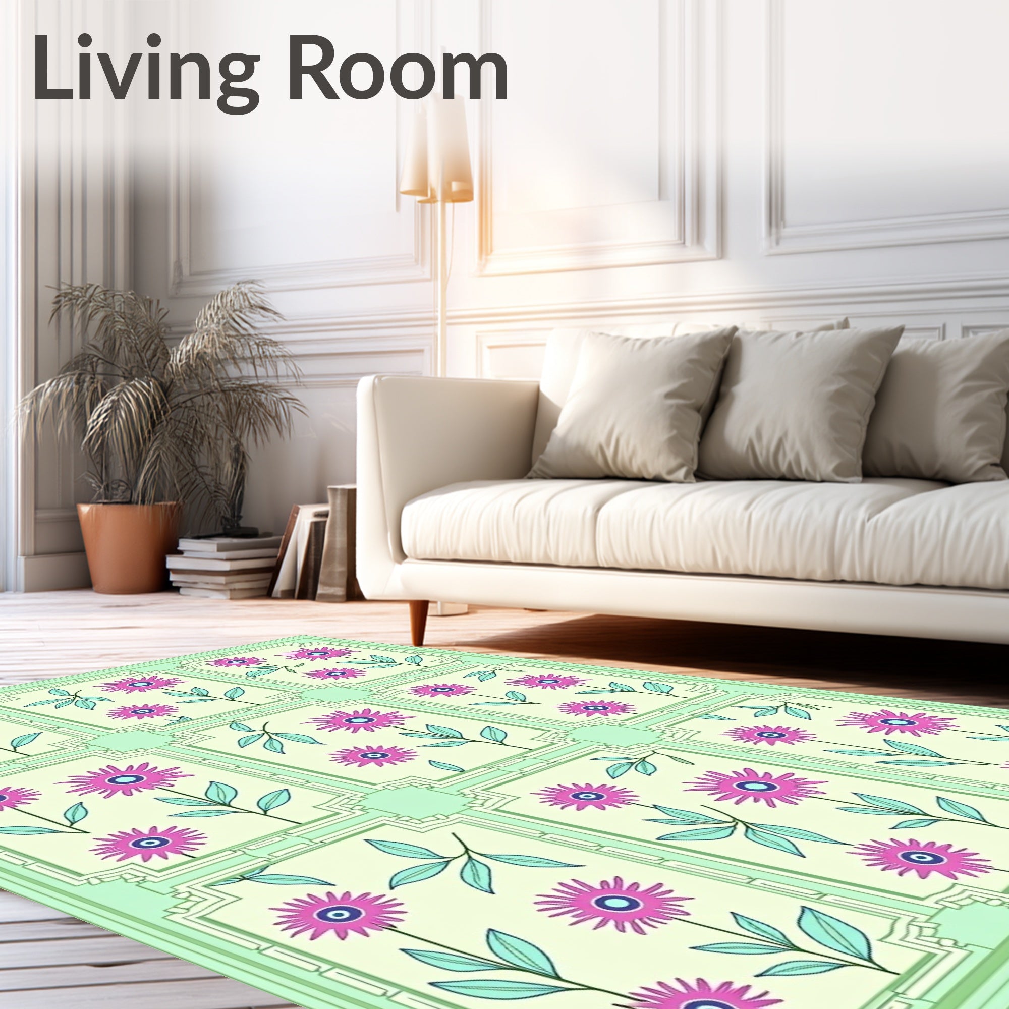 Pink Floral Frames Mint Green Rug