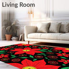 Bold Red Floral Garden Black Rug