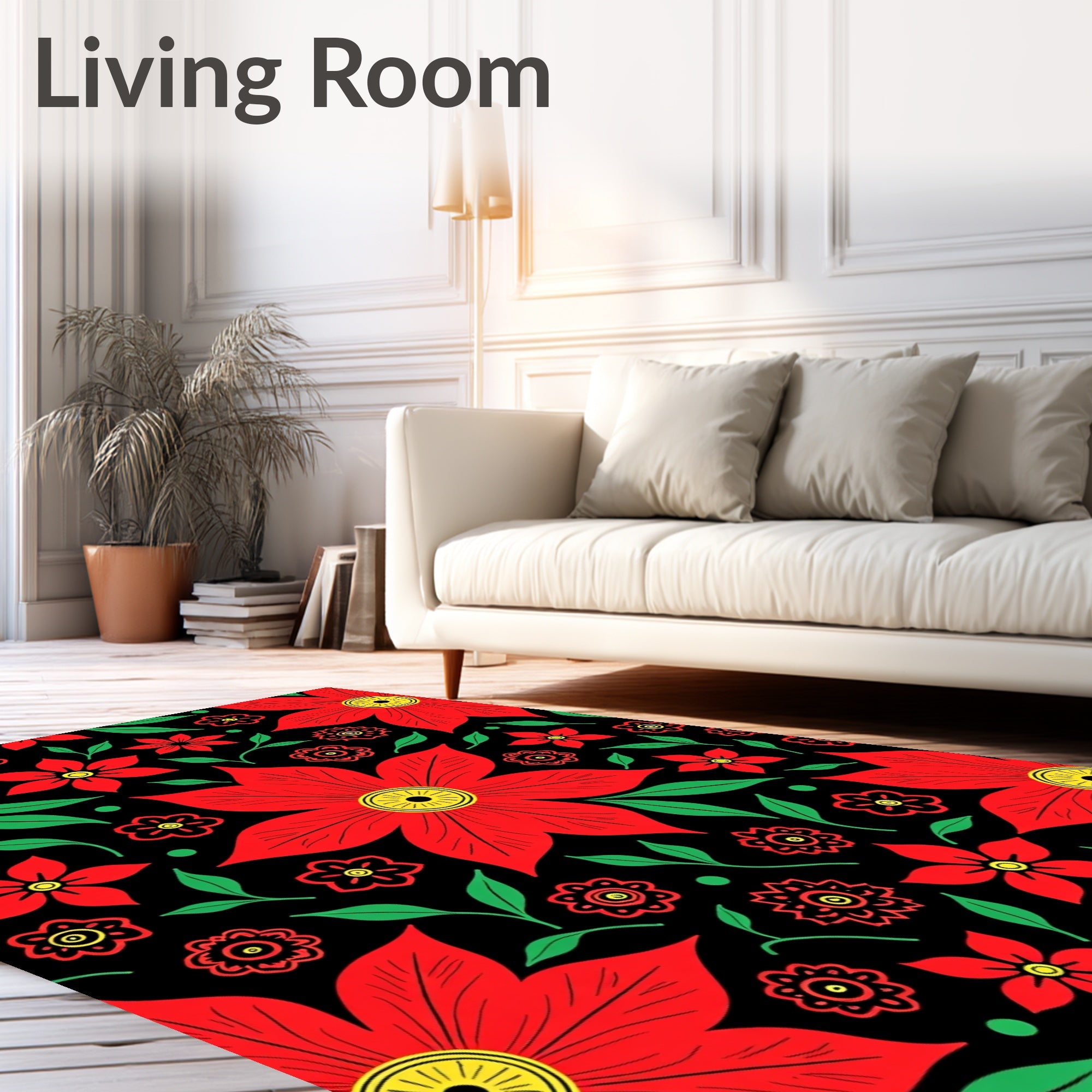 Bold Red Floral Garden Black Rug