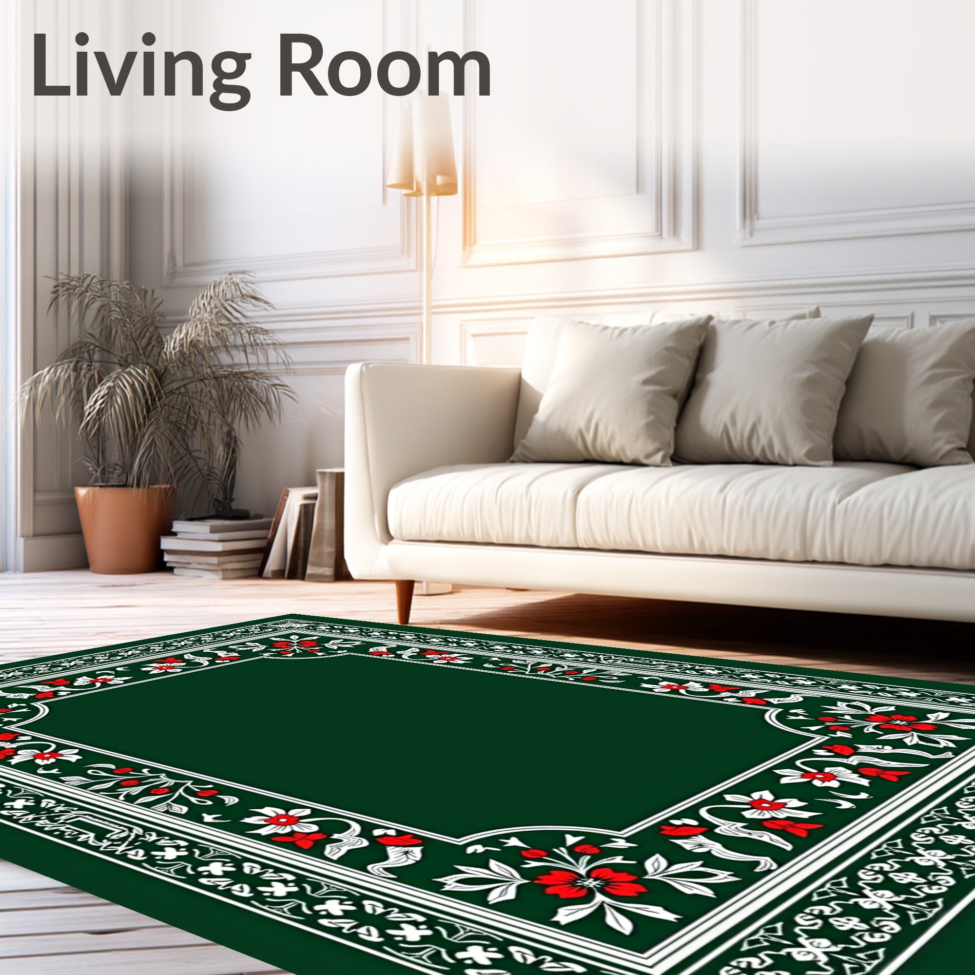 Ornate Crimson and White Floral Border Rug