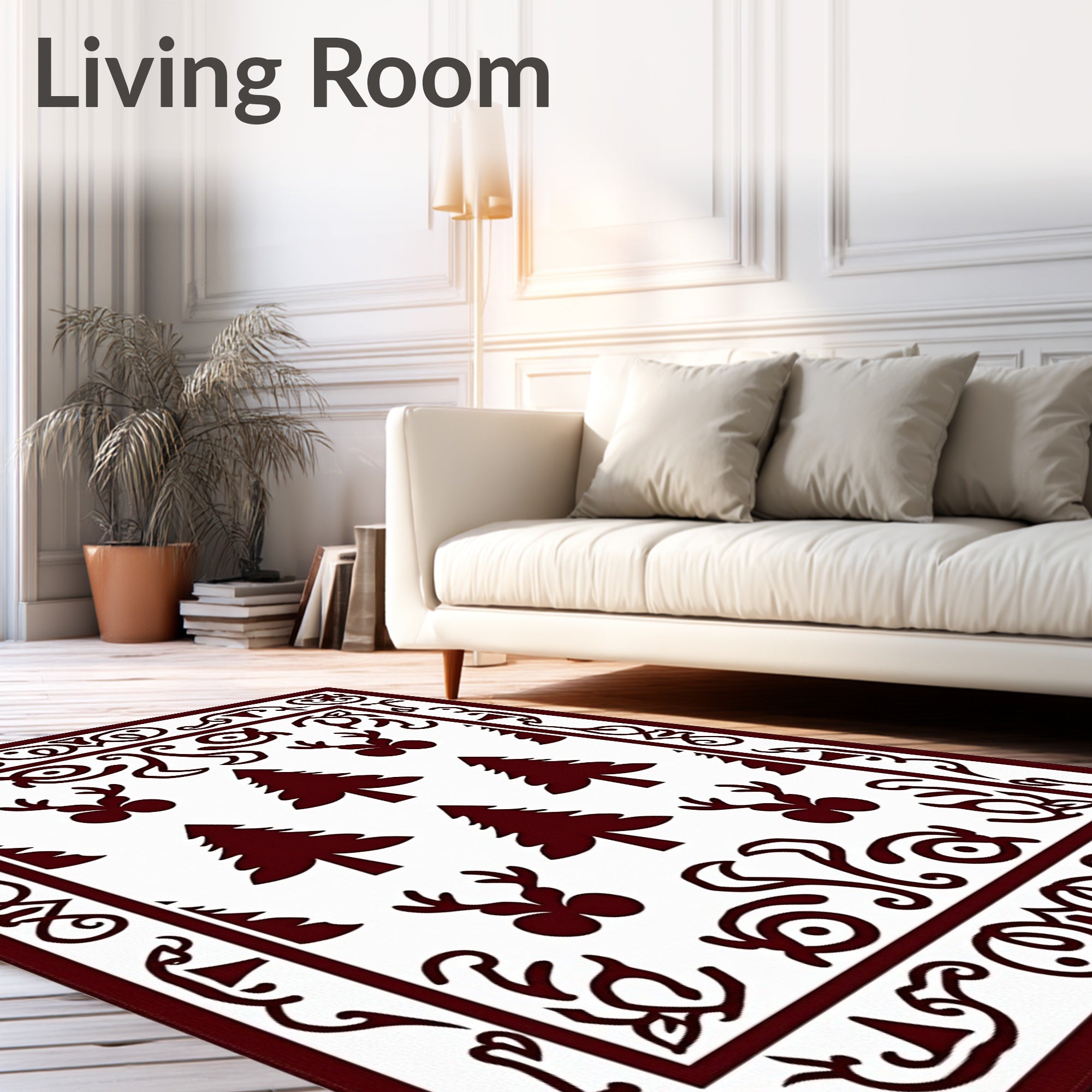 Deep Red Christmas Tree Reindeer Border Rug