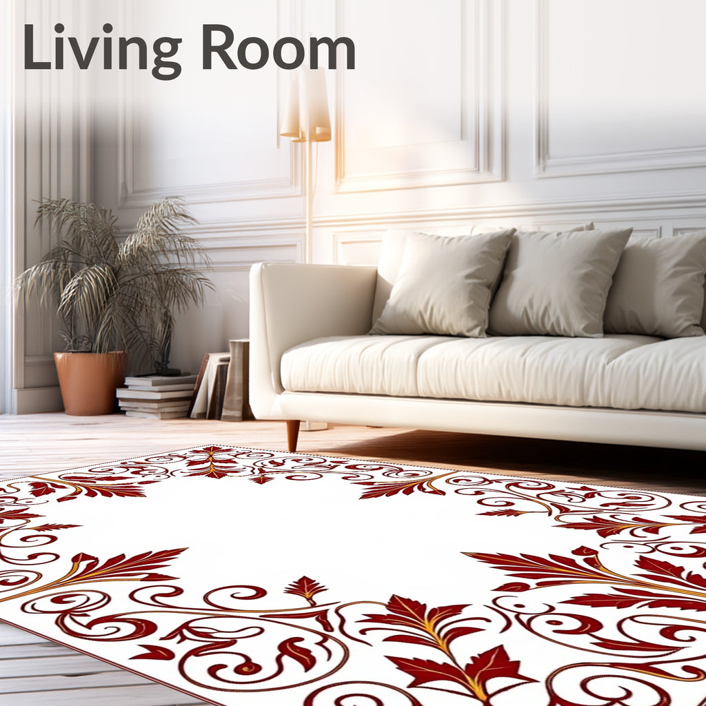 Dark Red Leaf Scroll Vine Border Rug