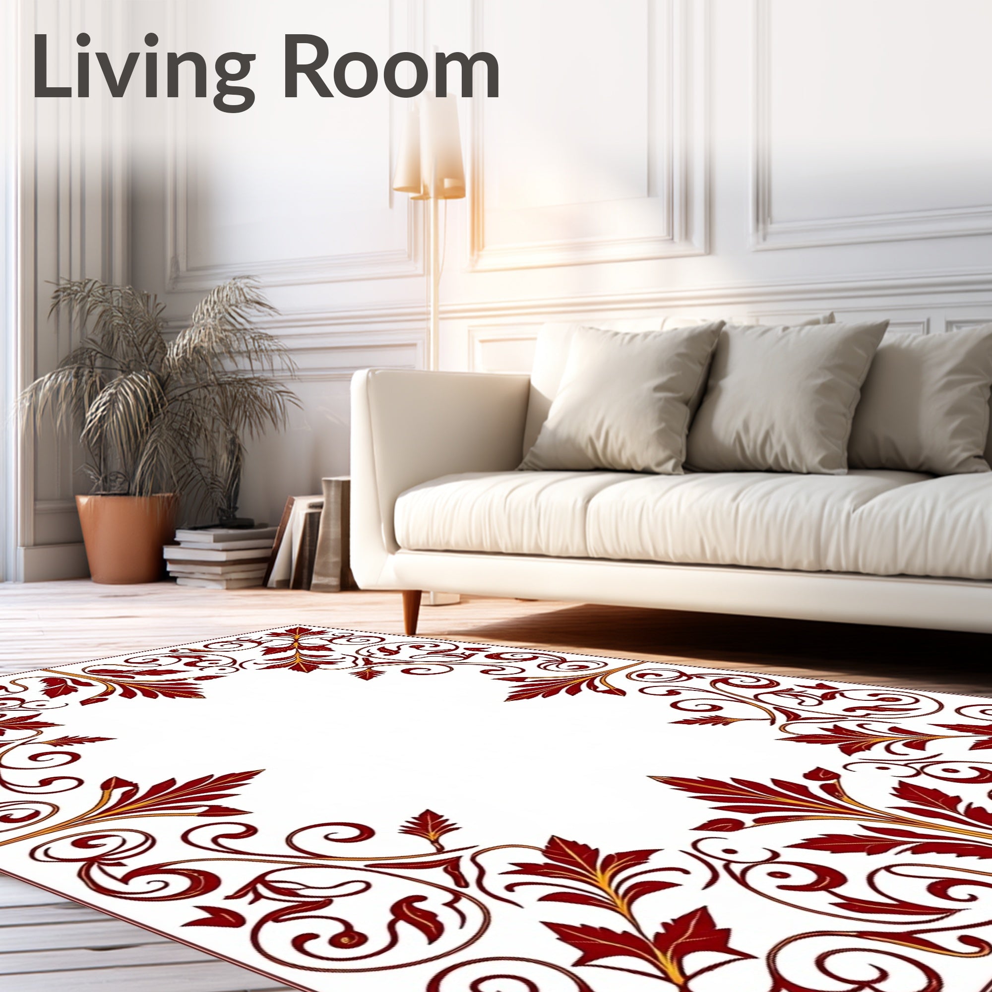 Dark Red Leaf Scroll Vine Border Rug