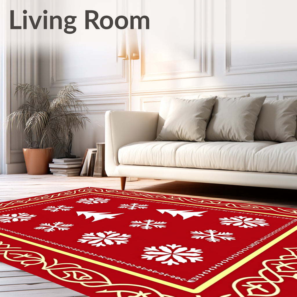 Red White Snowflake Christmas Tree Border Rug