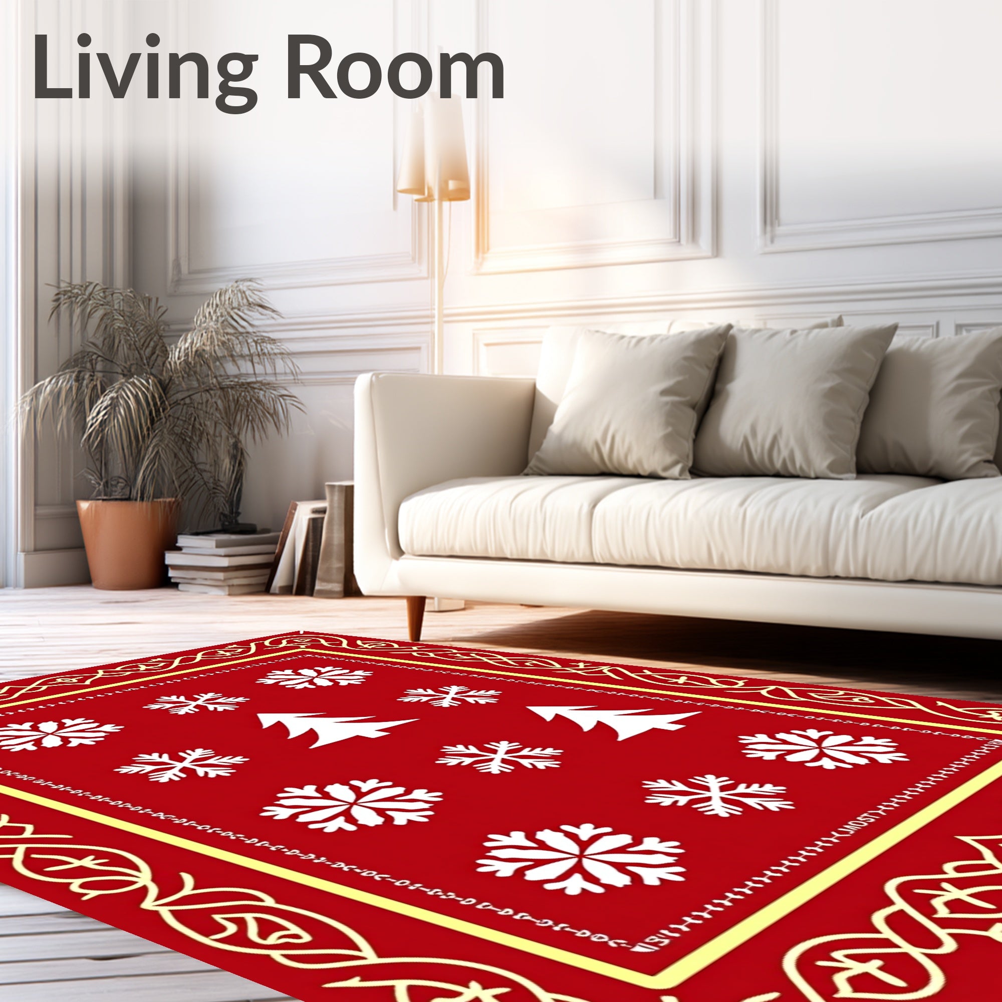 Red White Snowflake Christmas Tree Border Rug